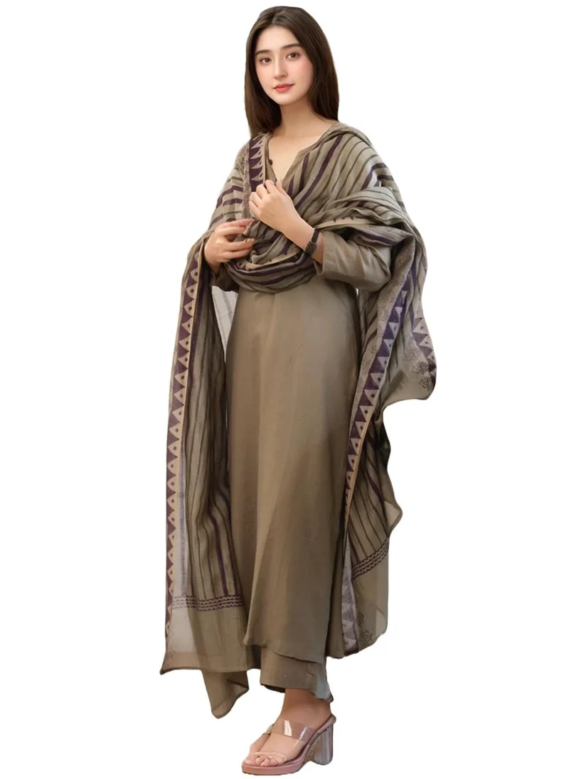 جو سريكي كورتا مستقيمة من GoSriKi نسائية من الرايون فيسكوز مع بنطال ودوباتا (Tarnish CHIKU-GS_L_Beige_Large)